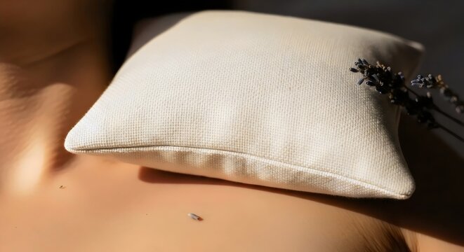 Natural lavender linen eye pillow resting on skin for calming therapy and sustainable wellness lifestyle concept