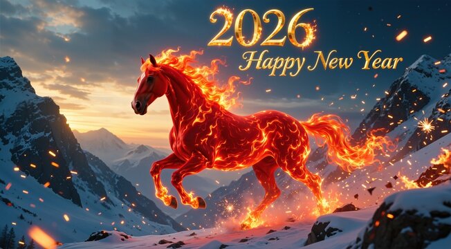2026 Happy New Year greeting card featuring a majestic, fiery red horse galloping through a snowy, mountainous landscape at sunset, symbolizing power and the Chinese zodiac.