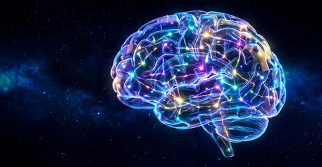 complexity of thought, demonstrated through a glowing brain assembled from puzzle pieces against a vibrant cosmic backdrop, projects brains as imagery for innovative themes