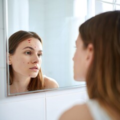 Young Woman Examining Her Face in Mirror - Acne and Skincare Concerns