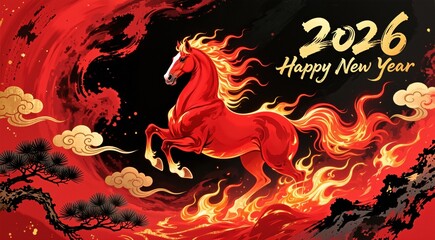 2026 Happy New Year greeting card, featuring a powerful red horse rearing amidst ink brush strokes, golden clouds, and flames, symbolizing the Chinese Zodiac.