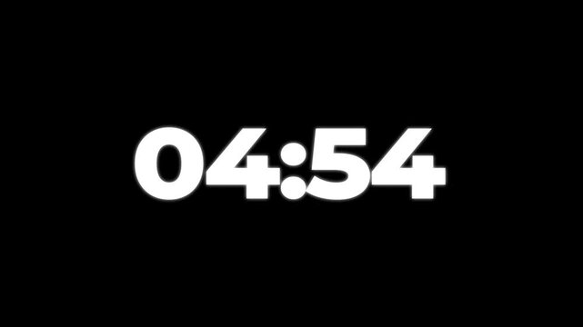 4K countdown animation, 5 minutes displays a timer counting down minutes and seconds.5 minutes Countdown timer with transparent background.