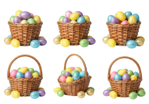 Six charming baskets brimming with a festive array of shimmering easter eggs isolated on transparent background