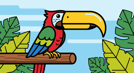 Obraz premium Vibrant Cartoon Toucan Bird Perched on a Tree Branch in Tropical Jungle