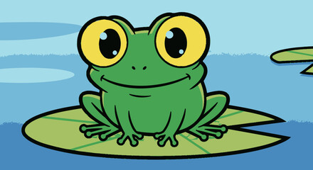 Sweet Cartoon Frog Sitting Peacefully on a Lily Pad in a Pond
