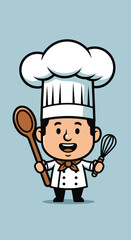 Happy Cartoon Chef Holding Wooden Spoon and Whisk in Bright Studio