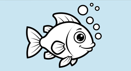 Cute cartoon fish swimming happily with bubbles in clear light blue water, black and white outline drawing.