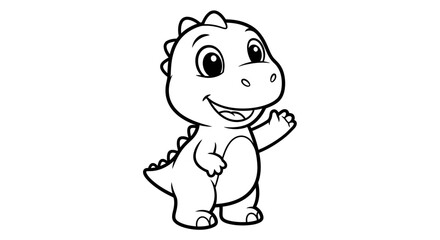 Cute baby dinosaur standing and waving cheerfully, isolated white background, black and white outline drawing.