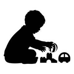 Black silhouette of a child playing with toys on a white background ball 1