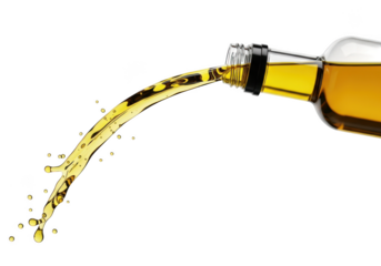 Dynamic stream of golden yellow liquid pouring from clear glass bottle isolated on transparent background
