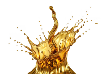 Dynamic golden liquid splash with flowing ripples and suspended drops. isolated on transparent background