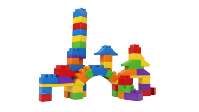 plastic blocks arranged in creative layout, isolated on white background, bright and clean.