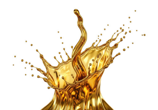 Dynamic golden liquid splash with flowing ripples and suspended drops. isolated on transparent background