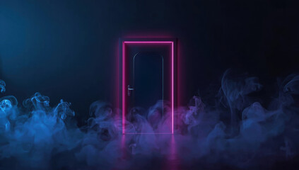 Neon pink door with black background. Futuristic glowing frame with vapor fog. Modern design interior with cyberpunk colors.