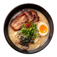 Japanese tonkotsu, A bowl of rich Japanese tonkotsu ramen, featuring creamy broth, noodles, sliced pork, and green onions, isolated on transparent background