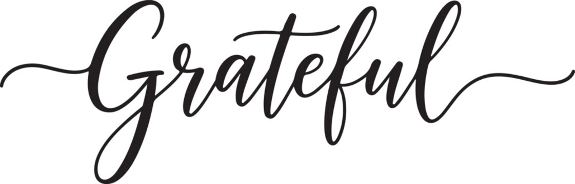 Black script calligraphy word Grateful with flowing flourishes on white text