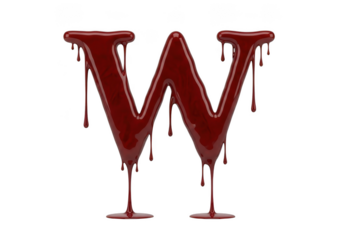 Dripping blood-like liquid forming uppercase alphabet letter w for horror. isolated on transparent background
