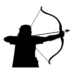 Black silhouette of a person aiming a bow and arrow on white background archery