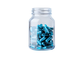 Glass Jar with Blue Capsules Pills Medicine Transparent Background PNG