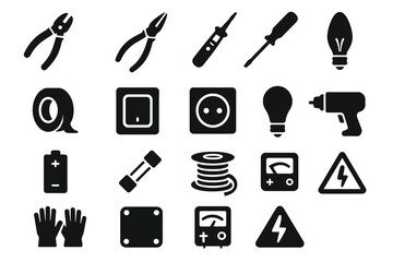 Obraz premium Set of electrical tools and icons in black silhouette style
