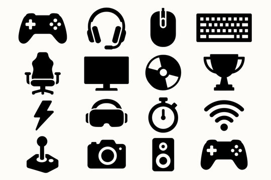 Gaming equipment icons: controller, headset, mouse, keyboard, and more
