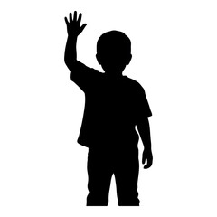Black silhouette of a young boy raising his hand and waving child white