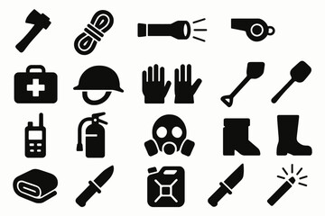 Essential survival icons: tools, equipment, and gear for emergency preparedness
