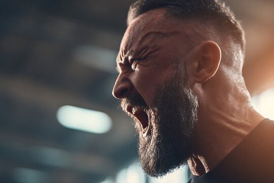 Determined man screaming during intense workout session