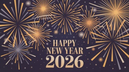 Happy new year 2026 golden fireworks on dark background celebration concept