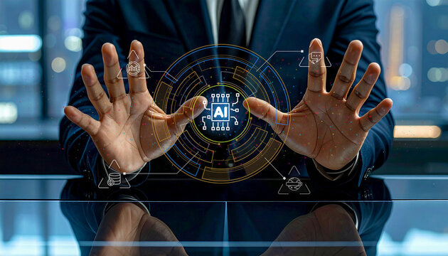 Businessman controlling a futuristic Artificial Intelligence (AI) chip and network interface with his hands, symbolizing technology management, big data processing, and digital innovation.