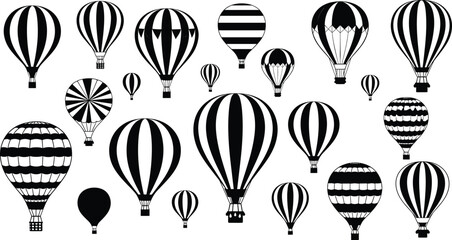 Collection of Various Black and White Airship Icons, Travel and Adventure Graphics, Isolated CAD Drawing Flat Vector Illustration, Vintage Aviation Transportation