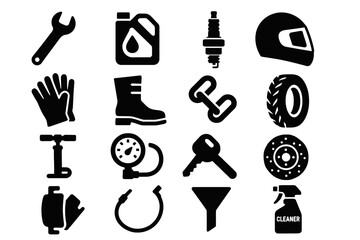Automotive tools and equipment icons: helmet, wrench, tire, motor oil