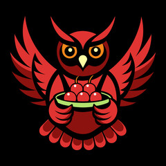 Vector art illustration of an owl with outstretched wings holding a bowl full of food