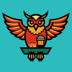 Vector art illustration of an owl with outstretched wings holding a bowl full of food