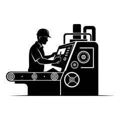 Silhouette man in hard hat operating industrial machine on conveyor belt worker operator