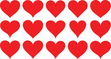 Fifteen solid red heart icons in a grid with varied shapes and sizes love romance