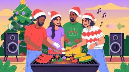 Multiethnic friends grilling sausage at barbecue wearing santa hats for gathering