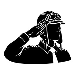 Black silhouette of pilot in vintage aviator cap and goggles saluting image