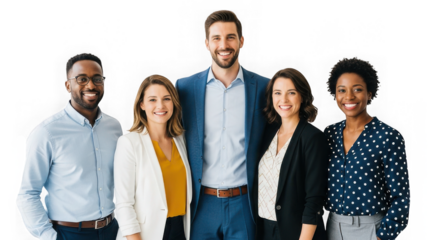 Group of five diverse professionals smiling in business attire against a  transparent  background