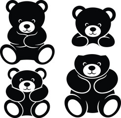 Set of Four Black Toy Animal Icons, Childhood Graphics for Baby Shower, Isolated CAD Drawing Flat Vector Illustration, Stuffed Toy Mascot Design