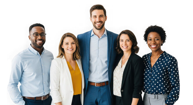 Group of five diverse professionals smiling in business attire against a  transparent  background - Powered by Adobe