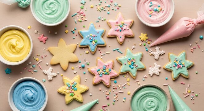 Delightful star cookies with pastel frosting and sprinkles, perfect for holiday baking promotions and sweet treat themed designs, adding a fun touch