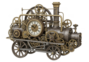 Steampunk train engine with a clock face and intricate gears isolated on transparent background