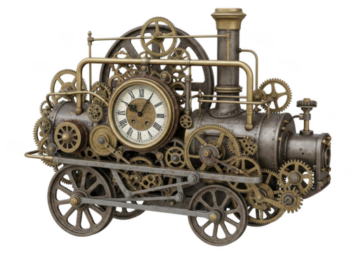 Steampunk train engine with a clock face and intricate gears isolated on transparent background