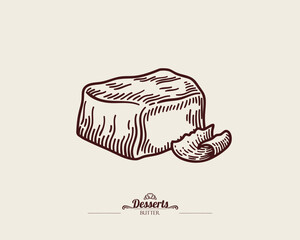 Large piece of butter and curly thin piece of butter. Vintage vector line art illustration.