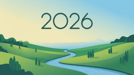 Picturesque 2026 new year landscape view with green hills and river scene