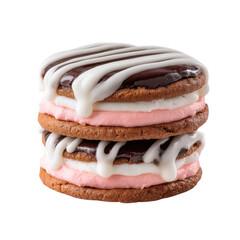 layered cookie with chocolate pink cream, A layered cookie with a chocolate exterior and a creamy pink filling in between, isolated on transparent background