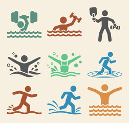 Comprehensive aquatic fitness icon set featuring aqua jogging water aerobics resistance training and pool noodles on a versatile background with color variations for health and wellness designs