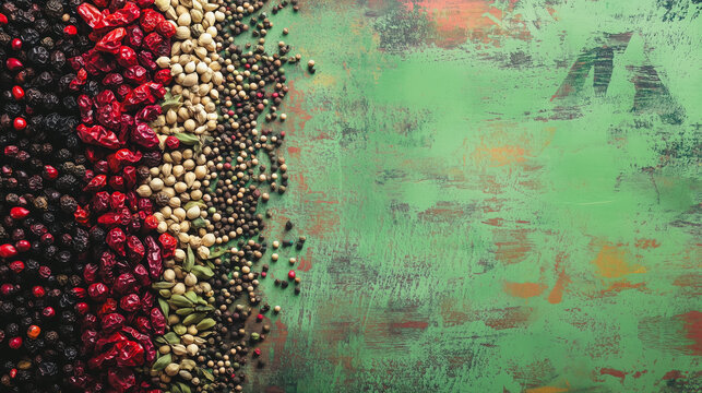 Assorted spices and beans on a vibrant green rustic background.