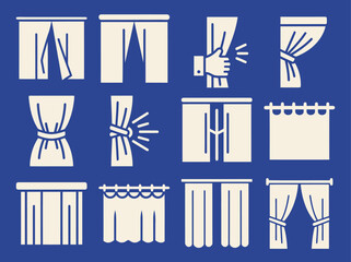 Comprehensive icon set illustrating various curtain motions including opening closing pulling tying gathering sliding and raising presented on a vibrant blue background for diverse design applications